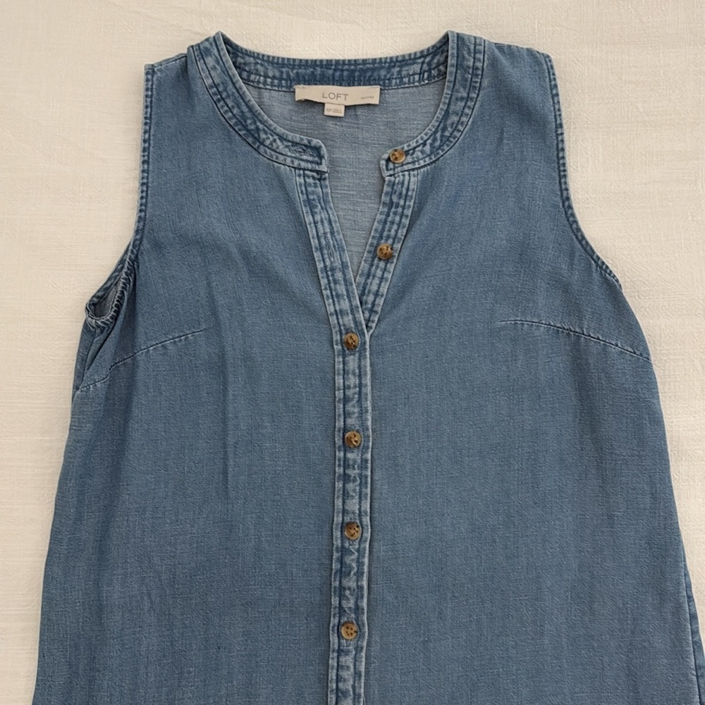 LOFT Denim Ruffle Button Mini Dress - Picture 2 of 4